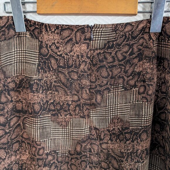 Vintage Brown Midi Skirt Houndstooth & Python Print Chiffon Size 12 Ruffle Hem - Picture 7 of 8